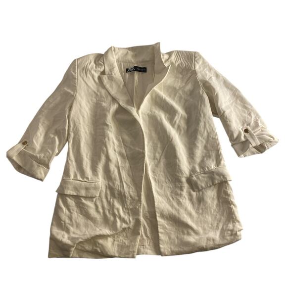 Minimalist Cream Linen Blend Open Front Blazer Zara Basic L - Picture 3 of 7